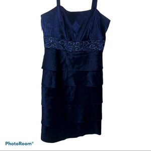 Dark blue cocktail dress by Kathy Roberts.